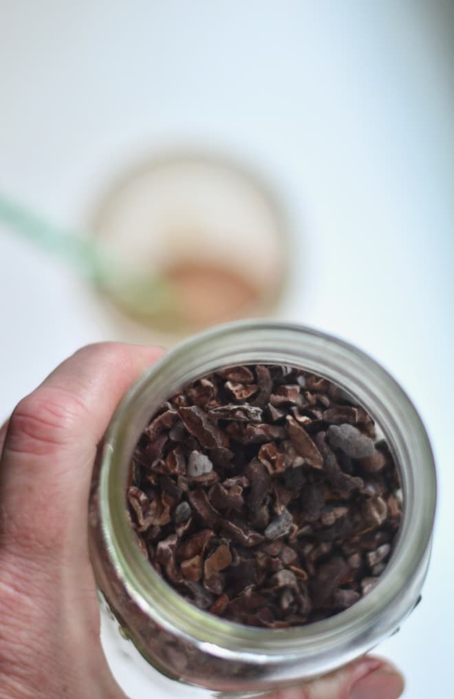 Mint Chocolate Chip Protein Shake cacao nibs in mason jar