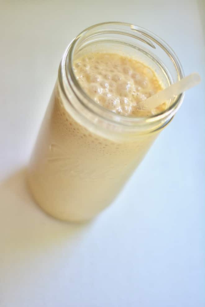 decaf iced coffee mason jar with straw, coffee alternative without caffeine, not coffee tea