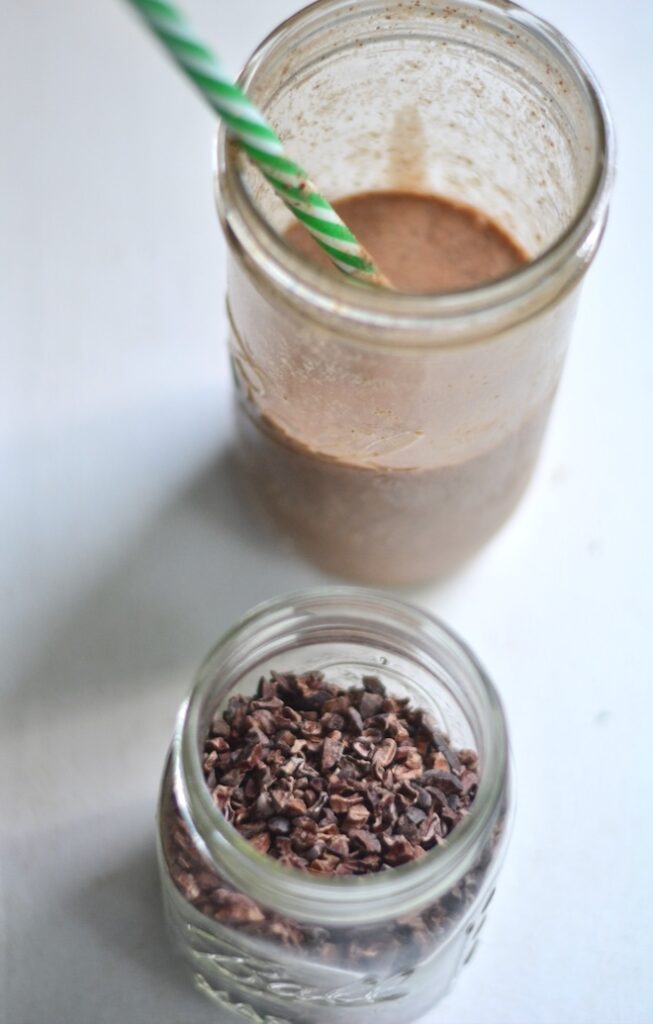 Mint Chocolate Chip Protein Shake cacao nibs mason jar chocolate shake protein powder