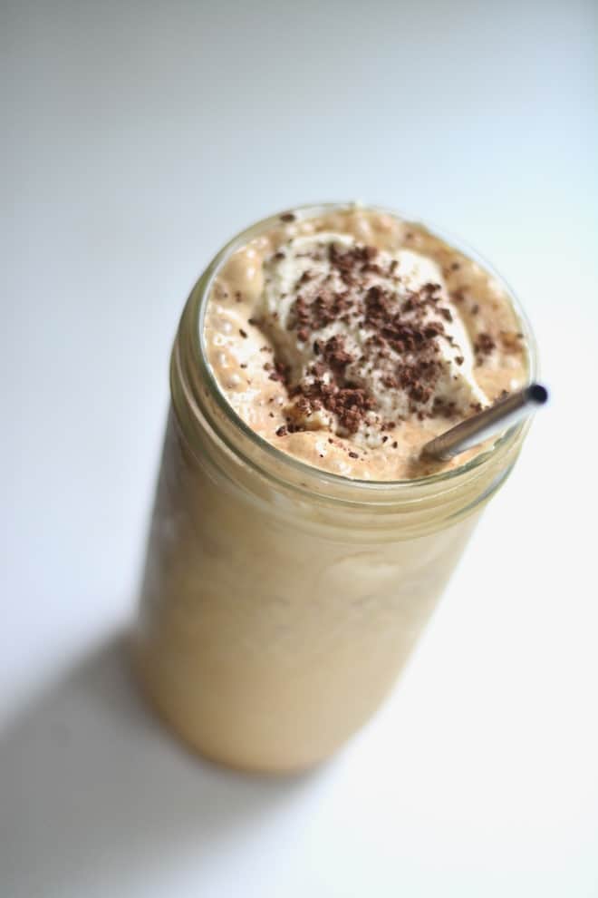 mocha frappe without coffee mason jar cup whipped cream and carob sprinkles