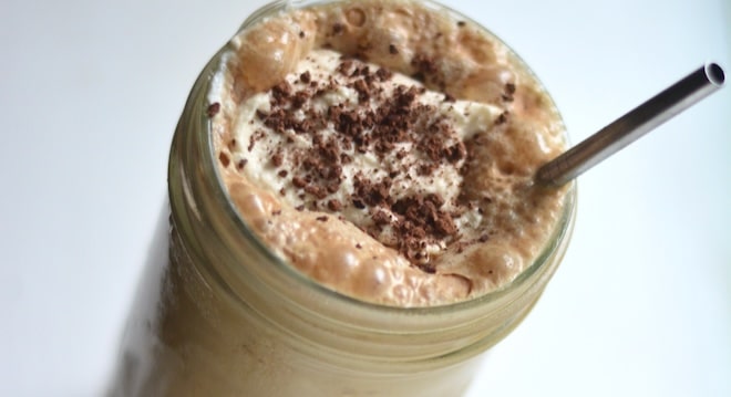 mocha frappe without coffee mason jar cup whipped cream and carob sprinkles