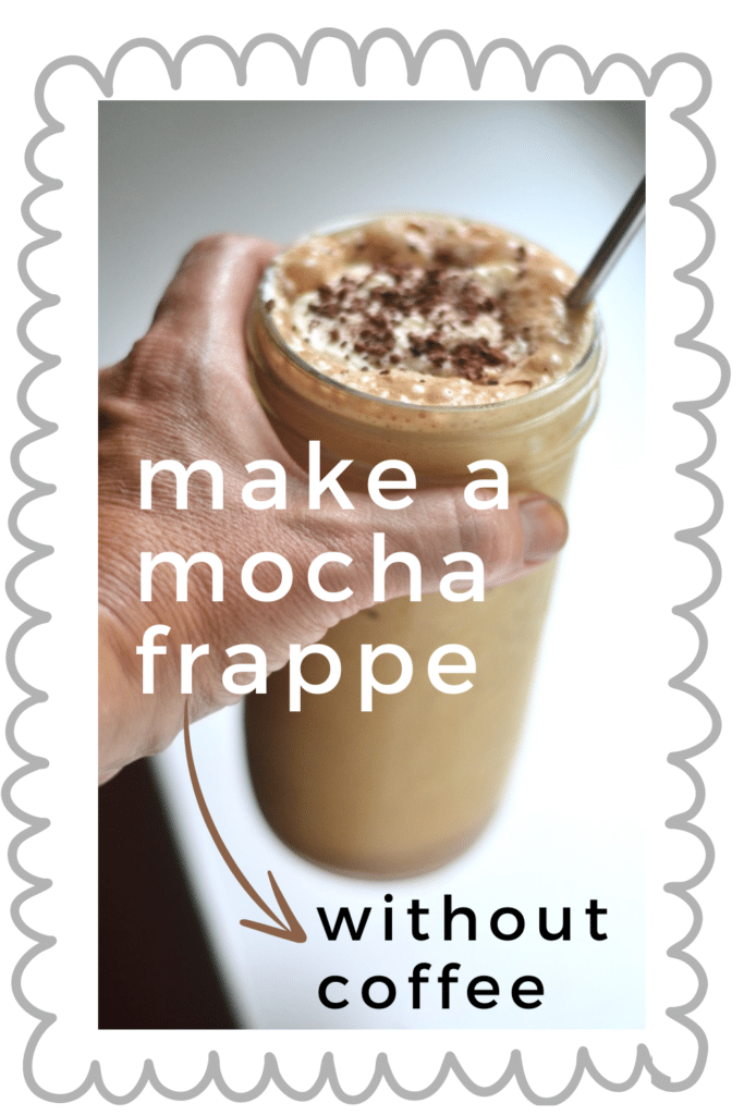 mocha frappe without coffee mason jar cup whipped cream and carob sprinkles