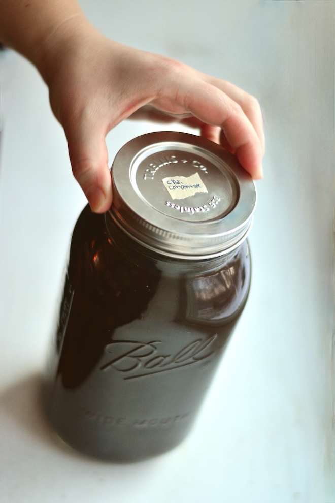 homemade chai concentrate in jar to make chai latte