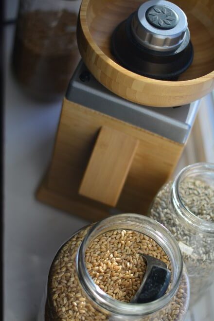 fresh flour grain mill, nutrimill harvest mill with wheat berries in jars