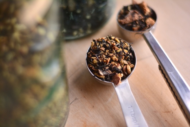 tea spoons full of homemade tea blends