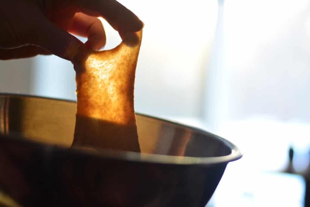 Fresh flour bread dough with good gluten development (windowpane)