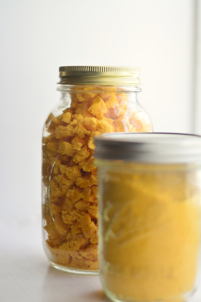 freeze dried roasted pumkin cubes stored in a mason jar