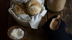 Bread made with kamut flour, khorasan wheat berries in jar