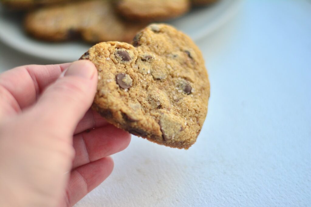 einkorn chocolate chip cookies cut into heart shapes made with fresh flour